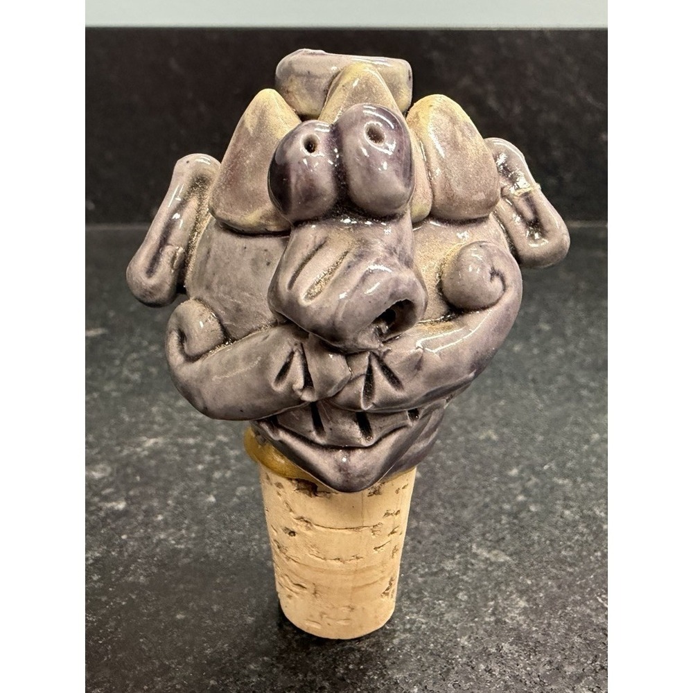 Handmade‎ Studio Pottery Mustache Man Bottle Stopper Cork Folk Art 3"
